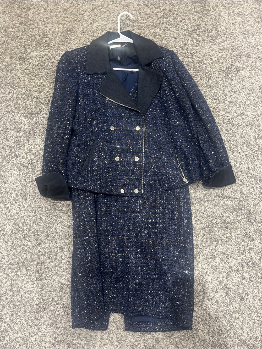 White House Black Market Navy Tweed Midi Dress with Matching Jacket